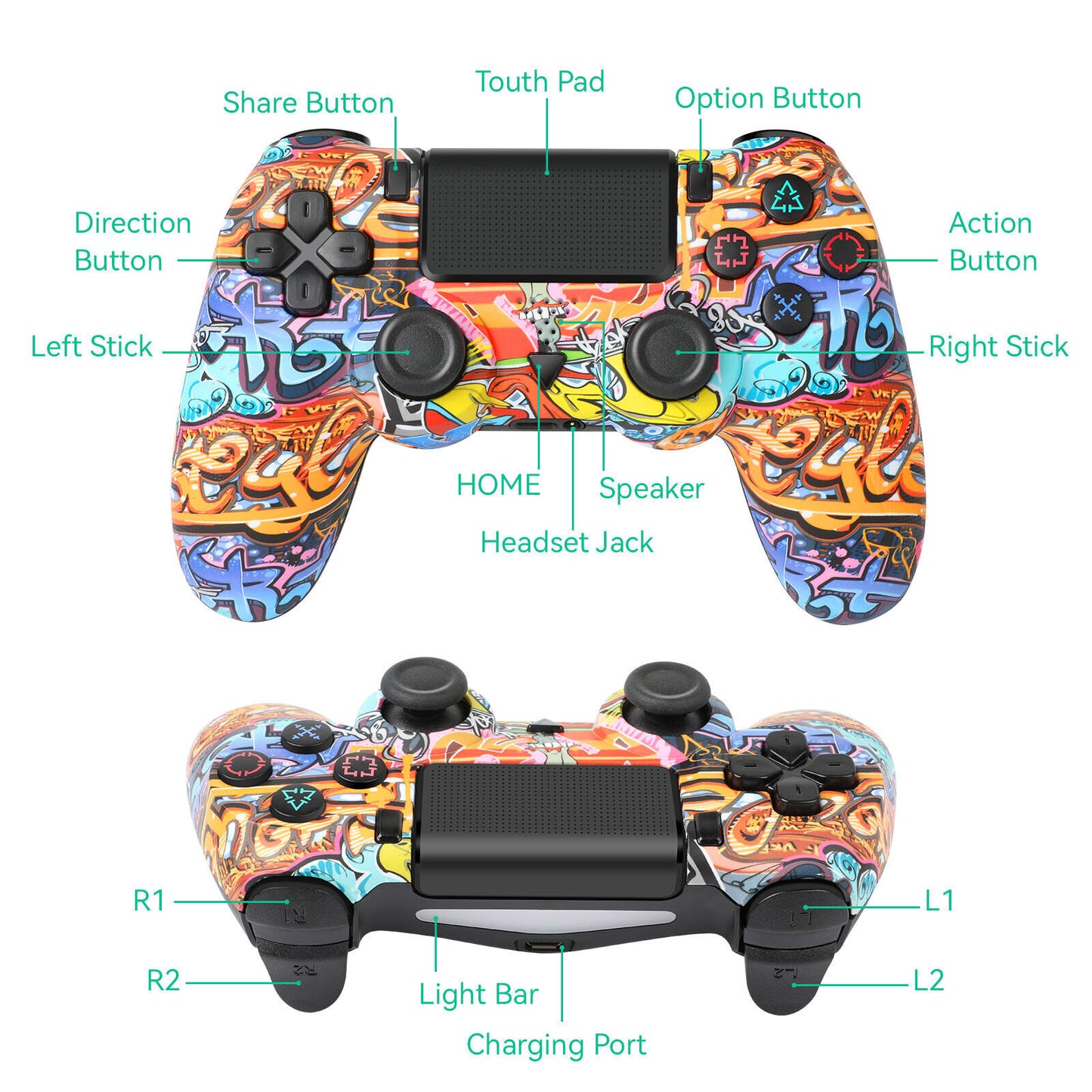 Controller Bluetooth Wireless Graffiti Design PS4 PC Compatible