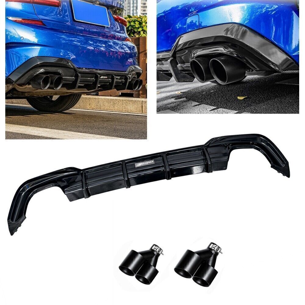 Gloss Black Rear Bumper Diffuser+Exhaust Pipe fits BMW 3 Series 330i 2020 AKASAKA