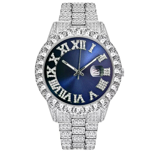 Silver Iced Out Watch Blue Face