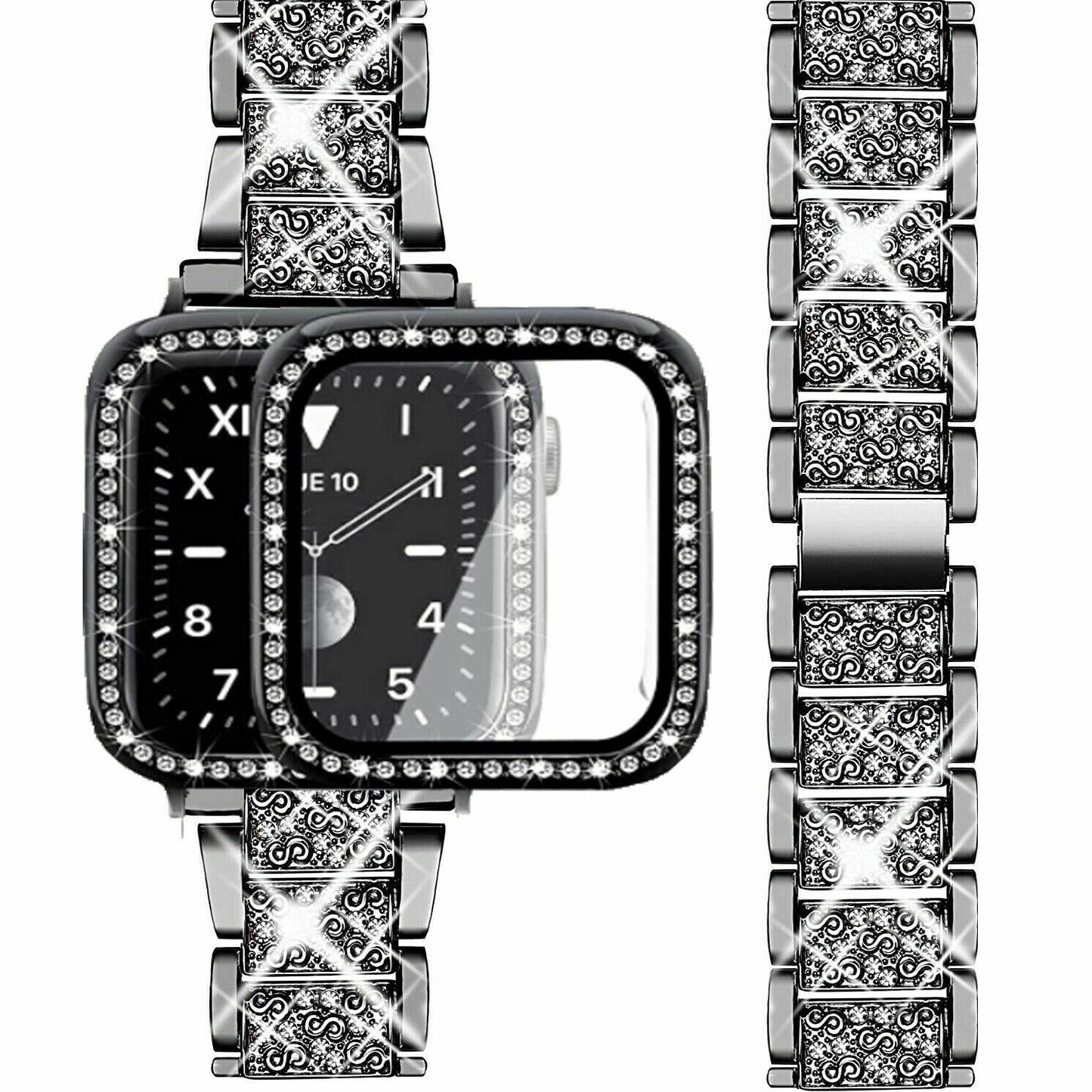 Bling Metal iWatch Strap+Full Screen Case For Apple Watch Series SE 6 5 4 3 2 1