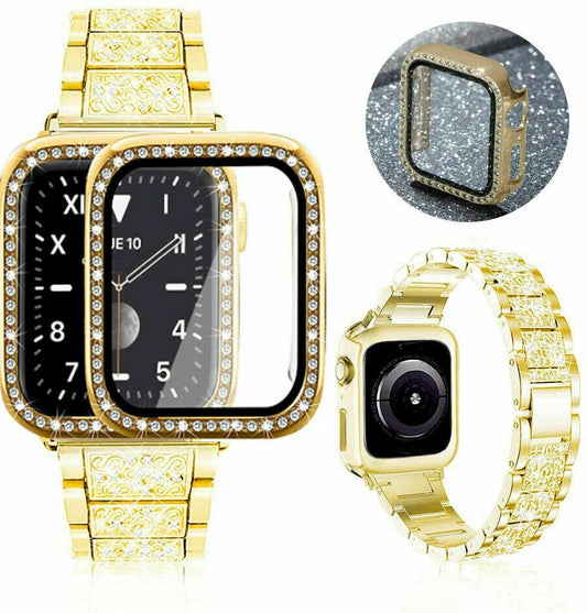 Bling Metal iWatch Strap+Full Screen Case For Apple Watch Series SE 6 5 4 3 2 1