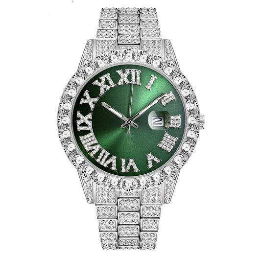 Silver Iced Out Green Faced Watch