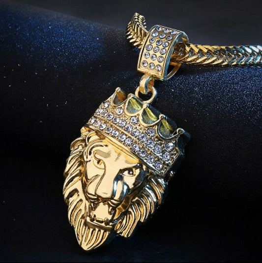 Lion Necklace Iced Out Gold King Crown Cuban Chain Hip Hop Rhinestone Bling Ice