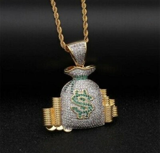 Iced Out Money Bag Pendant / Necklace / Brand New / Rapper Chain Pendant