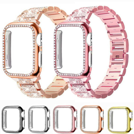 Diamond Strap & Bling PC Bumper Case for Apple Watch Series SE 6 38 40 42 44 mm