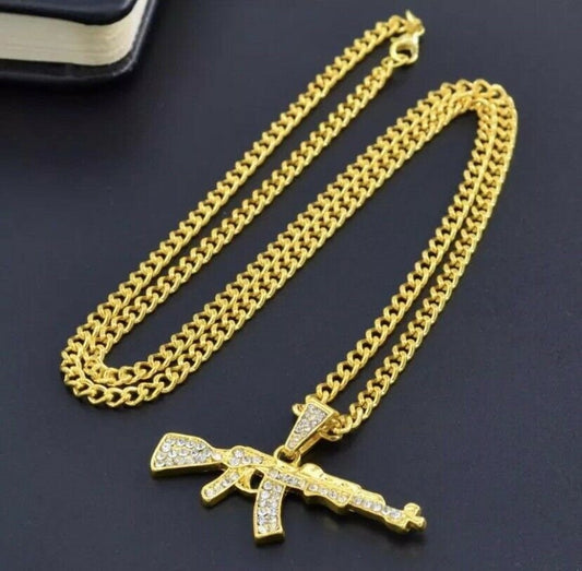 Bling Gold Ak47 Machine Gun Pistol Rifle Chain Pendant Diamond Bling