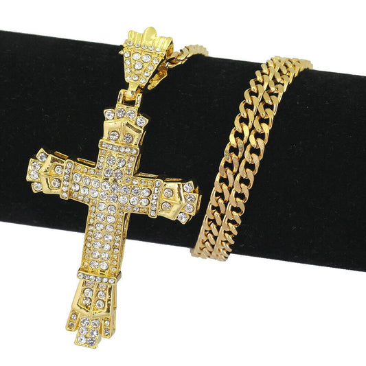 Iced Out Bling Crystal Cross Crucifix Necklace Pendant Chain Gold diamond Jewellery