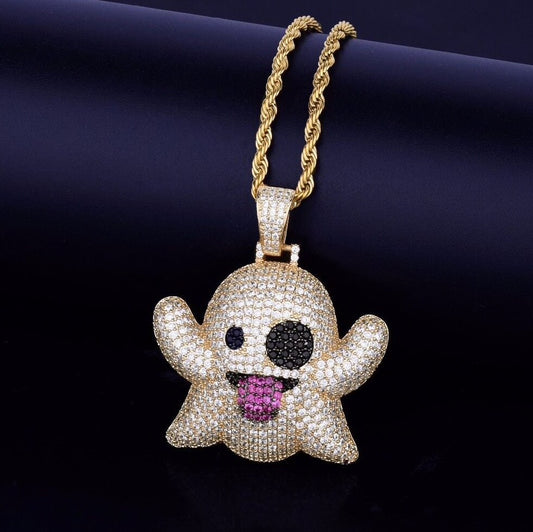 Iced Out Snapchat Ghost Pendant Chain Gold Necklace Jewellery