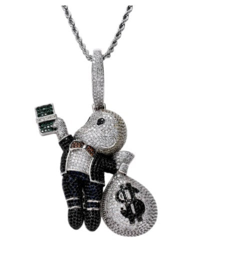 Bling Iced Out Money Man Cash Bag Silver Necklace Pendant